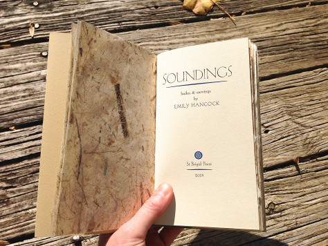 The title page of Soundings, on cream-colored Rives paper, with banana-leaf decorative paper facing.